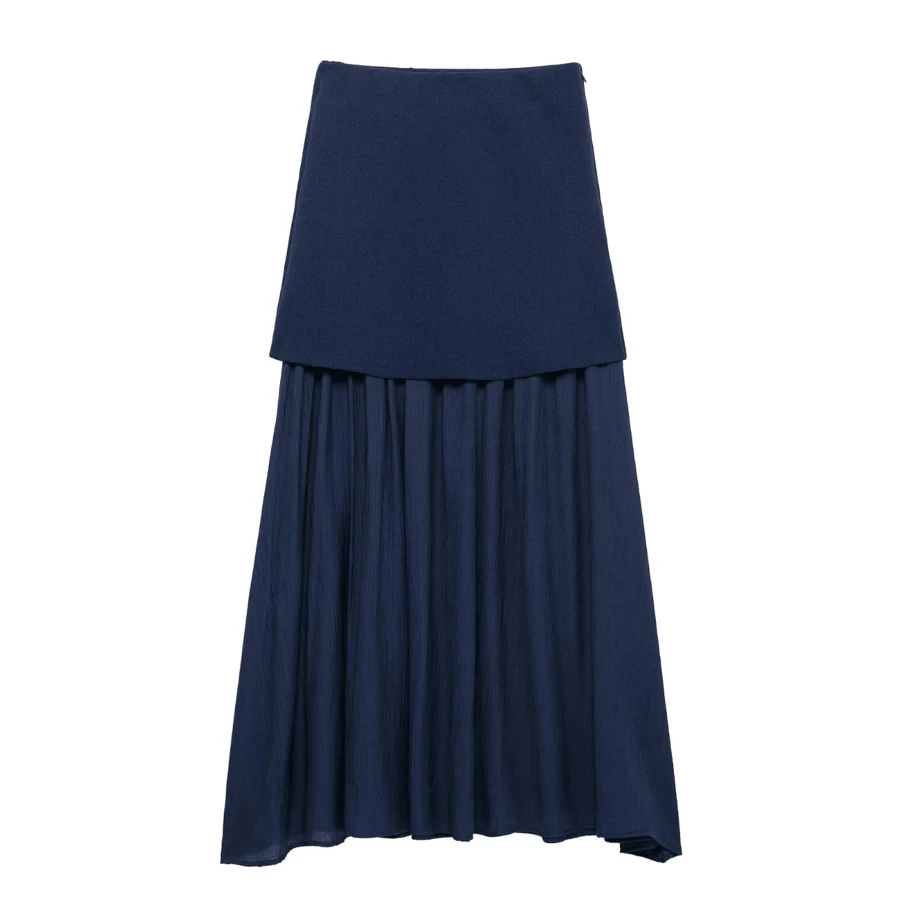 Seelio New Spring/Summer Women's Pleated Patchwork Knit Mini Skirt - Navy Blue - View 1