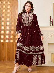 DEARCASE Plus Size Elegant Retro Printed V-Neck Dress Spring Vacation - Burgundy - View 1