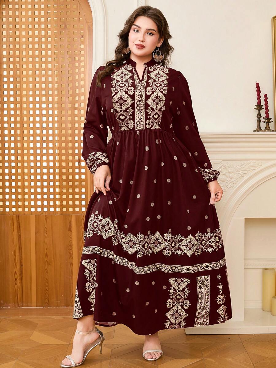 DEARCASE Plus Size Elegant Retro Printed V-Neck Dress Spring Vacation - Burgundy - View 1