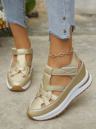 Women's Platform Wedge Sandals, Roman Sandals, New Fashion Peep Toe Hollow Out Chunky Heel Sandals, Color Block Non-Slip Sole, Closure, Summer Increased Height Sandals, Round Toe Comfortable Casual Walking Shoes, Essential Vacation & Party Sandals, Solid Color Thick Bottom Sandals