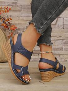 New Fashion Wedge Sandals, Thick Bottom Open Toe Strap Closure Block Heel Sandals For Women - Blue - View 4