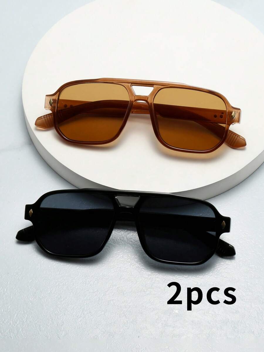 2pcs/Set Vintage Square Frame Fashion Stylish Fashion Glasses For Men (Suitable For Driving, Traveling, Casual, Outdoor Sports, Daily Use) For Summer Beach Vacation,Outdoor,Travel - 2-piece Set - View 1