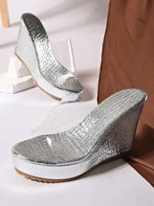 Dép lê đế cao kiểu dáng mới năm 2024 dành cho nữ, giày cao gót đế dày quai trong suốt, thích hợp cho mùa hè, có size lớn. - Bạc - Xem 6