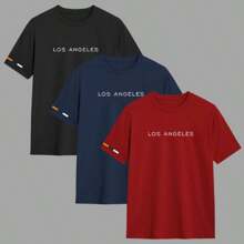 Kit 3 Men's T-Shirts Los Angeles Yarn 30.1 100% Cotton Shirt Comfortable Casual Blouse Various Colors - 紅色 - 查看 1