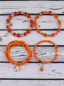 4pcs Bohemian Style Orange Millet Pearl Beaded Bracelet Set, Suitable For Daily Wear For Women