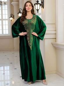 Green Flocking Embroidery Fashion Elegant Dress Loose Casual Moroccan Kaftan Dresses, Modest - Green - View 6