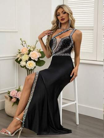 NIKBK Fall Clothes Plus Size Or Women Autumn Women's One Shoulder High Slit Deep V Black Rhinestone Pearl Long Dress Wedding Bridesmaid Guest Wear