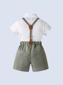BOARNSEORL 2pcs Young Boys Gentleman Outfit - Short Sleeve Shirt With Bow Tie And Suspender Shorts, Stylish & Outfit For Birthday Party, Wedding, Formal Occasions - Green - View 6