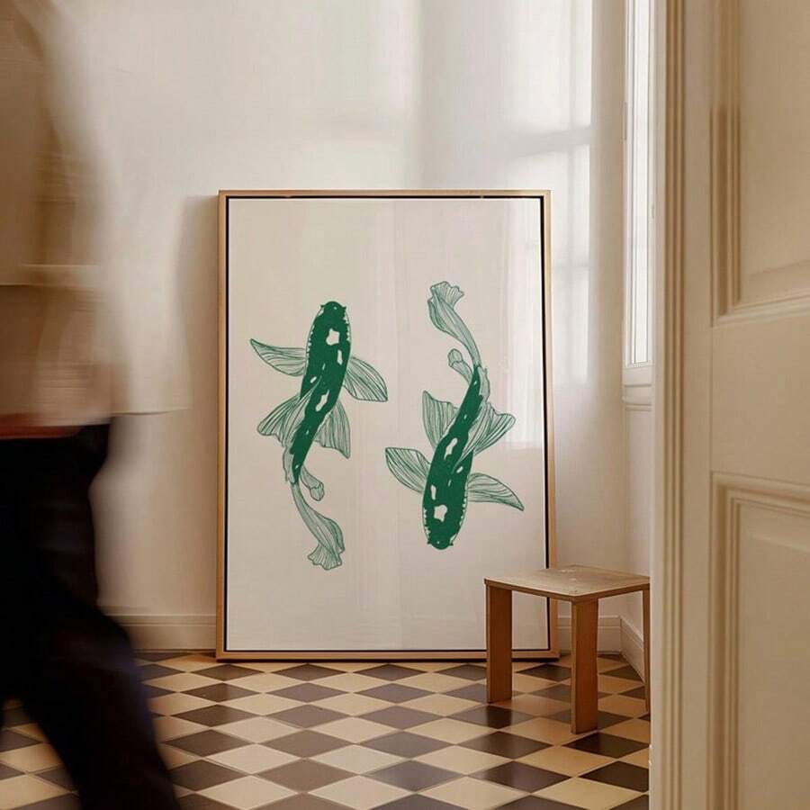 1 pieza Cuadro de pared de arte japonés con ilustración tradicional de carpa koi verde vintage, pintura en lienzo con ilustración de pez, póster de decoración zen para dormitorio, sala de estar o apartamento, decoración de regalo para ella sin marco