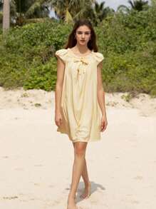 Ruffle Neck Bowknot Doll A Hem Dress - Yellow - View 2