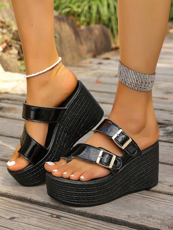Women's Platform Wedge Sandals, Black PU Patent Leather, Buckle Closure, Fashion Versatile Outdoor Slide Slippers