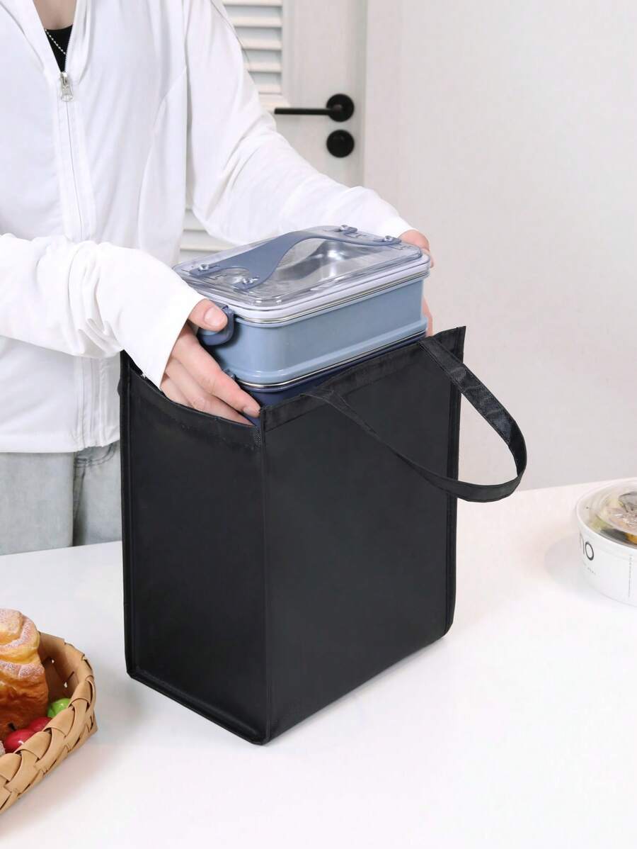 1pc Thickened And Elongated Insulated Lunch Bag, Bento Bag, Rice Box Bag, Work Capacity Insulated Food Bag, Lunch Carrying Bag With Hot And Cold Functions, Hand-Held Insulated Bag, Large Capacity Lunch Bag, Office Worker, Student Carrying Rice Bag, Outdoor Outing Travel Insulated Refrigerated Bag, Food And Beverage Insulated Bag, Aluminum Foil Fresh-Keeping Insulation Waterproof Takeaway Ice Pack - Black - View 1