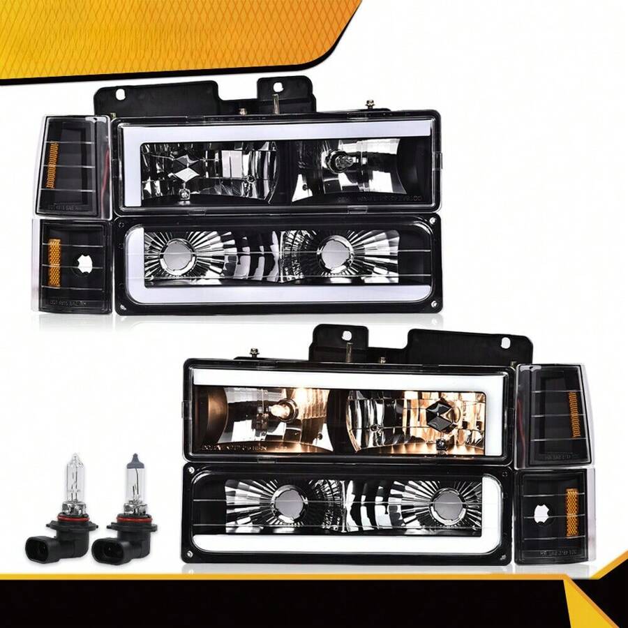 Fit For 88-98 Chevy GMC Sierra C/K Silverado Black LED Tube Headlights Headlamp