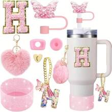 8 piezas de accesorios para taza de 40 oz y 30 oz, incluyendo tapa con pajita, tapa de silicona a prueba de derrames, funda de silicona, cadena con dije de letra, pegatina, gancho en forma de corazón, pompones con forma de corazón y bola de pelo, ideal para camping, regalo del Día de San Valentín, Día de la Madre, útiles escolares