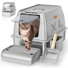 HUIXLLC Stainless Steel Cat Litter Box With High Sided Enclosure & Scoop, XL Extra Large, Removable Metal, Anti-Leakage, Non-Sticky, Easy To Clean (Grey) 32489