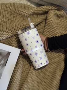 1pc 20oz (600ml) Stainless Steel Insulated Tumbler With Flower & Bow Pattern, Double Wall Vacuum Cup, Coffee Mug, Water Bottle, Suitable For Office, Home, Outdoor, School And Occasions Like Valentine's Day, Christmas, Ramadan, Mother's Day, Birthday Gift Back To School