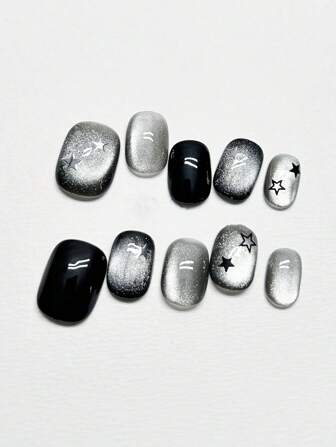 10pcs Black Cat Eye Star Hand Painted Custom Nails, Daily Wear Brightening Effect, Handmade