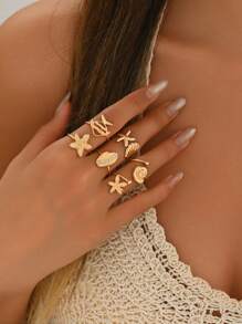 6 stuks/set Ocean Beach Vacation Style Shell & Zeester Design Bohemian Ring Set