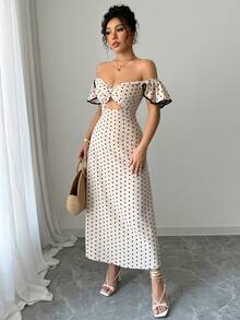 女士优雅露肩波点镂空腰连衣裙，休闲夏季度假连衣裙 - 杏色 - 查看 5