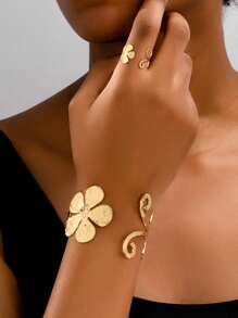 1 Set Elegant Adjustable Geometric Floral Pattern Bangle And Ring Set, Suitable For Daily Wear And Parties - Yellow Gold - View 10