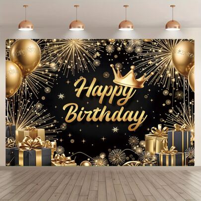 1 pieza Elegante fondo de banner de fiesta de cumpleaños en negro y dorado, material de poliéster, varios tamaños, temática de globos dorados, corona y fuegos artificiales para fiesta de cumpleaños, adecuado para fiestas de cumpleaños, fiestas temáticas, aniversarios, decoración de fiestas, fotografía de fiestas, tema universal, sin electricidad necesaria