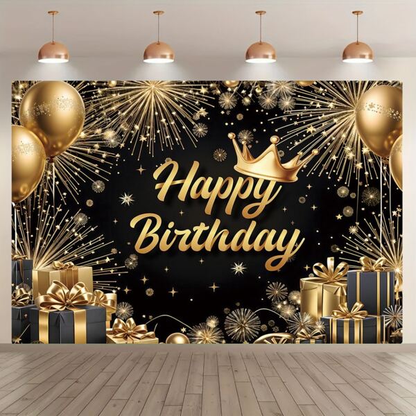 1 pièce Bannière élégante de fond de fête d'anniversaire noir et or, en matériel de polyester, multiformat, avec ballon doré, couronne et feux d'artifice. Thème d'anniversaire, convient pour les fêtes d'anniversaire, les fêtes à thème, les anniversaires, la décoration de fête, l'arrière-plan de photographie de fête, thème universel, sans électricité requise