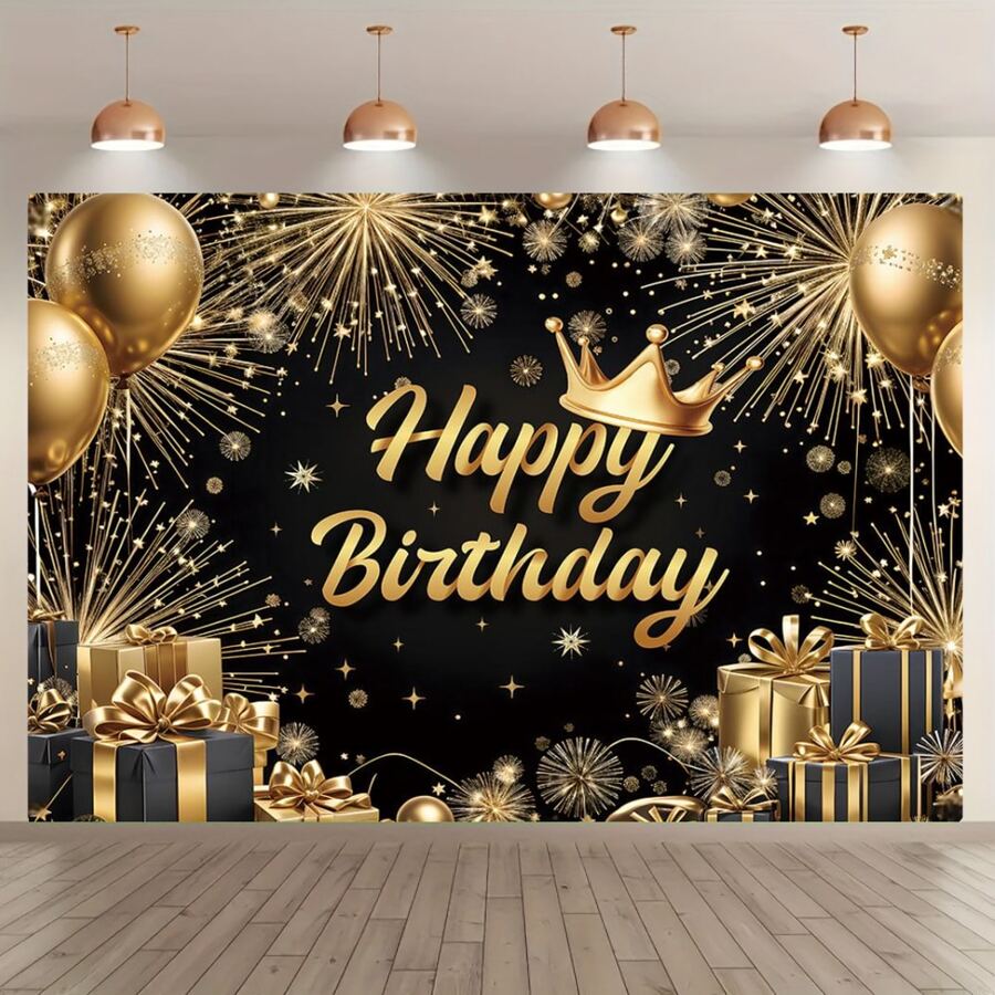 1pc Elegant Black And Gold Birthday Party Backdrop Banner, Made Of Polyester, Available In Multiple Sizes. The Black And Gold Birthday Theme Is Suitable For Birthday Parties, Themed Parties, Anniversaries, Party Decorations, New Year's Decorations, And Party Photography Backdrops. A Universal Theme. - Multicolor - View 1