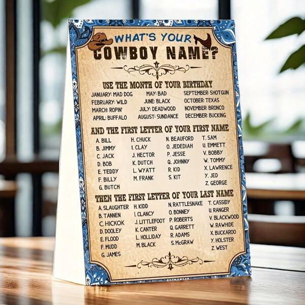 1 لافتة لعبة و 50 بطاقة اسم، لافتة لحفلة عيد ميلاد كاوبوي ، اكسسوارات لحفلة الأعياد، بطاقات حفلة كاوبوي, ديكورات حفلة كاوبوي، حفلة كاوبوي ، لعبة حفلة ممتعة