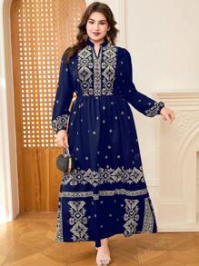 DEARCASE Plus Size Elegant Retro Print Notched Neck Long Dress