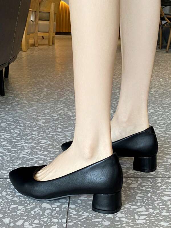 Zapatos de trabajo de punta puntiaguda negros sin cordones para mujer, con tacón grueso, suela blanda antideslizante, zapatos uniformes profesionales para damas de oficina