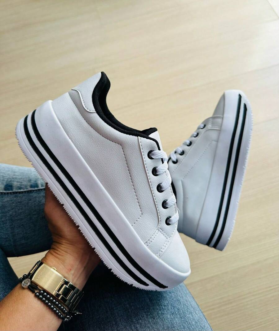Women's Casual Platform Tennis Shoes Super - White Black - View 1
