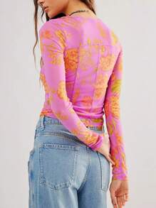 Women Y2K Floral Print Sheer Mesh Tops Long Sleeve Crew Neck Slim Fit T Shirts Tops Vintage Flower Aesthetic Blouse Spring Summer Going Out Tops - 珊瑚粉 - 查看 2