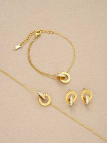 4pcs Stainless Steel Golden Plated Roman Numbers Flower Necklace Bracelet Earring For Women Fashion Crystal Cute Simple Interlocking Circles Jewelry Set - Style 1 - View 7