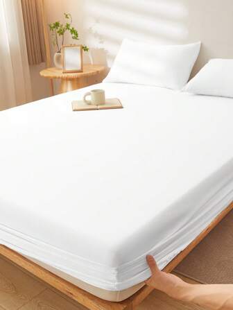 1pc White Fitted Sheet, Bedding, Mattress Cover, Bed Cover, Soft And Comfortable Bedding For Bedroom, Mattress Protector For Bedroom, Skin-Friendly Fitted Sheet, For All Seasons Dustproof Non-Slip Bedspread, For Twin, Full, King, Queen Size, Machine Washable,(Without Pillowcase), Ideal Easter Gift, For Mother's Day Gift, Perfect Holiday, Machine Washable