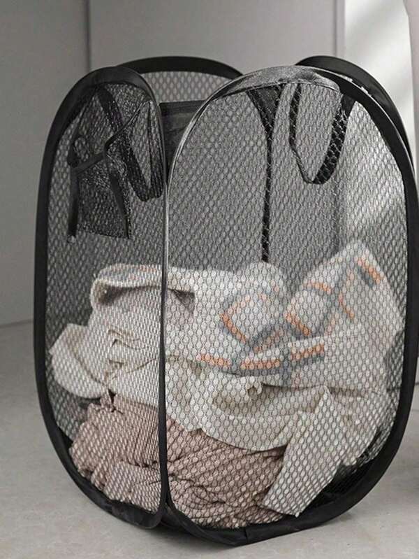 1pc Black And White Foldable Laundry Basket With Handle And Side Pocket Large Capacity Pop-Up Laundry Hamper With Handle - Foldable Mesh Laundry Basket For Dirty Clothes Storage - Convenient Household Solution School Supplies School Accessories Back To Sc