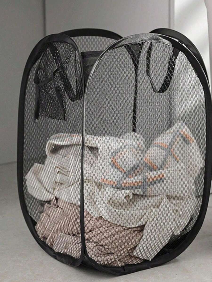 1pc Black And White Foldable Laundry Basket With Handle And Side Pocket Large Capacity Pop-Up Laundry Hamper With Handle - Foldable Mesh Laundry Basket For Dirty Clothes Storage - Convenient Household Solution School Supplies School Accessories Back To Sc