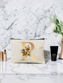 1pc A-Z Floral Print Makeup Bag, Women's Cosmetic Pouch Wallet, Initial Letter Pattern Toiletry Organizer, Wedding Party Wash Bag - Multicolor - View 5