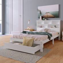 Flieks Bed With Shelves, White Wooden Storage Bed, Underbed Drawer - 3FT Single (90 X 190 Cm) Frame Only - 白色 - 查看 5