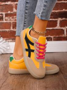 Damen Lässig Outdoor Sportschuhe, flacher, niedriger Absatz, modische Farbblockung, Athletische Sneakers - Gelb - Übersicht 6