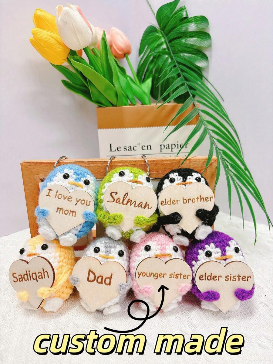 1pc Laser Engraved Personalized Creative Crochet Figurine, Penguin Shaped Wood Plaque With Custom Text, Unique Gift For Christmas, Valentine's Day