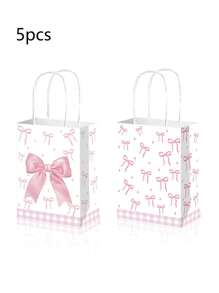 5/10pcs Pink Bow Gift Bags, Paper Bags With Handles For Women, Party, Candy, Birthday, Christmas, Wedding, Engagement,Birthday,Bride,Wedding
