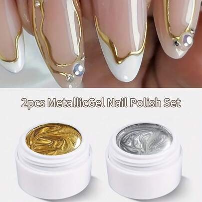 XEIJAYI 2瓶金属彩绘凝胶指甲油，创意弹性金属彩绘凝胶，带镜面效果，适用于彩绘、浮雕、UV凝胶雕塑设计、美甲DIY