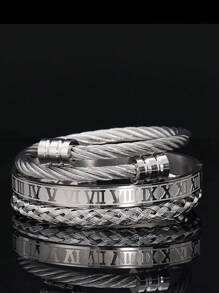 3 peças/Conjunto Pulseira de Aço Inoxidável Trançada com Números Romanos Criativa e da Moda para Homens, Adequada para Uso Diário, Festa, Presente para Namorado - Multicolorido - Visão 8