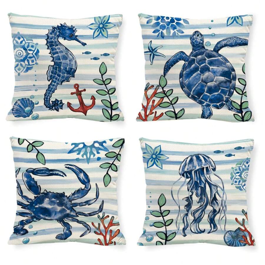 4 件装夏季海洋枕套，蓝色条纹，抱枕，海龟水母装饰农舍沙发靠垫套，单面，无枕芯 - 藍白色 - 查看 1