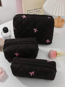 1Pc/Set Pink Bow Embroidered Quilted Makeup Bag Sets, Cute Macaron Color Large Capacity Cosmetic Bag, Lightweight Fluffy Filling Toiletries Bag For Travel Storage,Daily Use. For School Cosmetic Bag Back To School Supplies Cosmetic Storage School Stuff Bag Organizer Room Stuff Travel Essentials Make Up Bag Holiday Essentials Dorm Essentials Daily Commute Essentials Makeup Bags Makeup Pouch Makeup Organizer Cosmetic Bag Holiday Winter