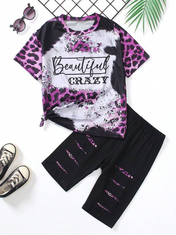 2pcs/Set Girls Tween Girl Casual Street Style Random Leopard & Letter Print Short Sleeve T-Shirt And Ripped Knee Length Shorts Set, For Summer