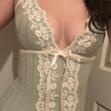 Women's Summer Slim Lace Stitching Bow V-Neck Suspender Top For Daily Streetwear - 綠色 - 查看 2