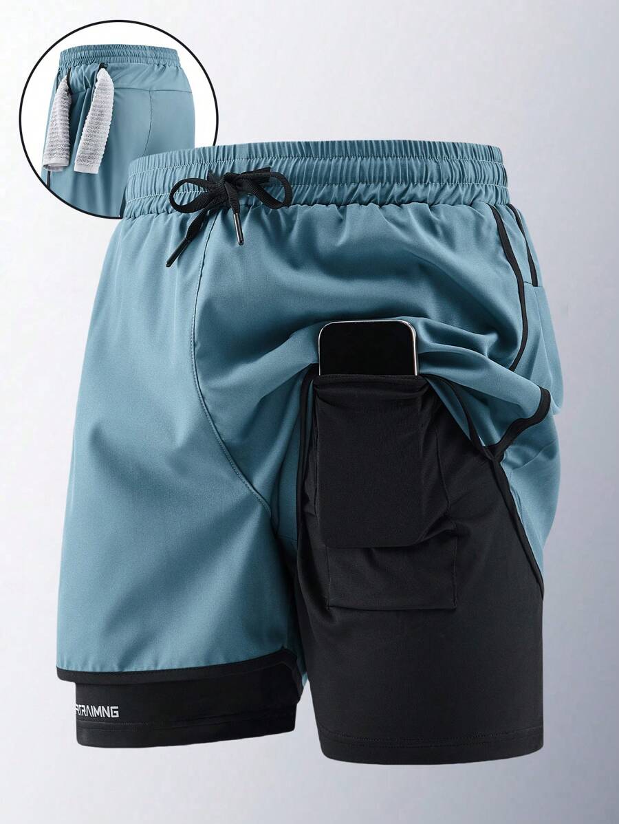 1 Quần short thể thao ngoài trời chạy bộ mùa hè thoáng khí khô nhanh in họa tiết cho nam, thích hợp cho các hoạt động chạy bộ và thể dục ngoài trời vào mùa xuân và mùa hè - Màu xanh bụi bặm - Xem 1