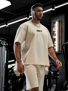 Men's Boyfriend Style Letter & Skull Print Round Neck Short Sleeve Sports T-Shirt, Fitness, Casual, Halloween Funny Skull Lifting Print - Apricot - View 6