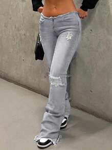 NVFelix 女士低腰修身喇叭裤，弹力面料，做旧破洞细节，复古休闲风格，完美适合冬季感恩节和新年穿着，灰色。